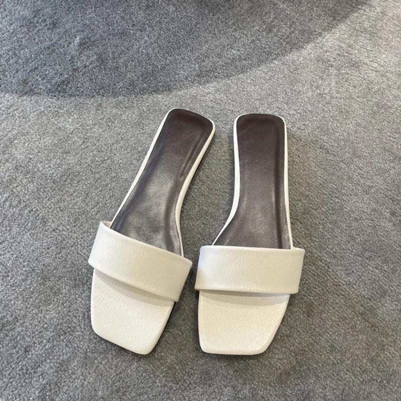 Ladies New Black White Flat Slippers Women Genuine Leather Peep Toe One Strap Mules Shoes Woman Summer Slides Comfort Clogs