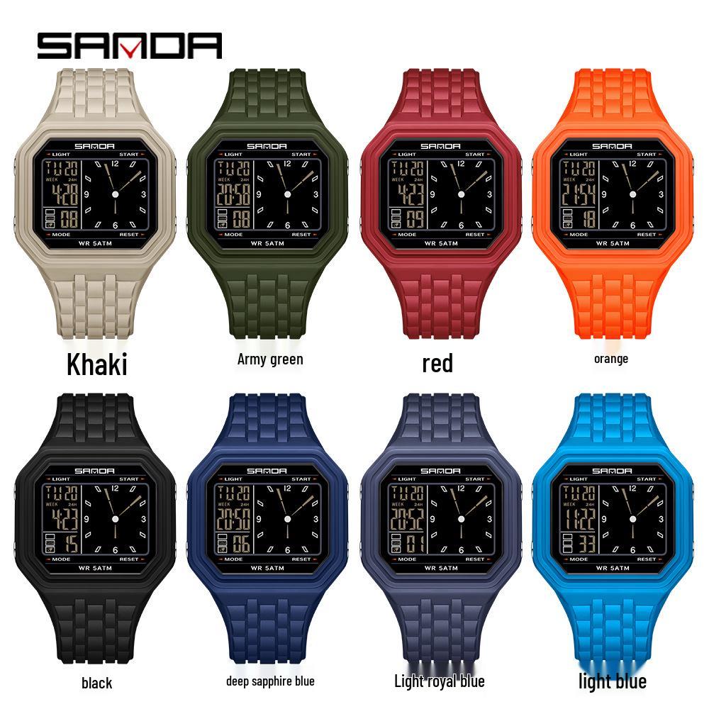 Sanda Creative Square Multifunctional Dual Display Student Watch - Countdown, Alarm, Waterproof, Trendy Electronic Timepiece.