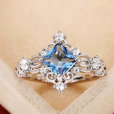 Blauer Zirkonia Hochzeits-Verlobungsring Sterling Luxus Prinzessin Quadratischer Ring für Damen