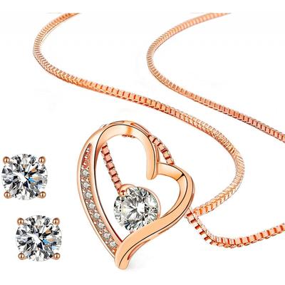 Women's Necklace, 925 Sterling Silver, 18K Pink Gold Finish, Earrings Set, Open Heart Accessory, Metal Hypoallergenic, Christmas, Birthday