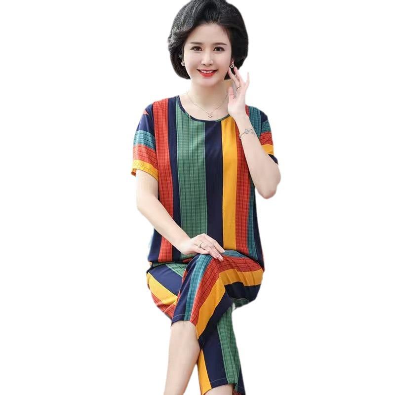 Ice Silk Suit Pajamas Women's Summer Short-sleeved Middle-aged Casual Wear Can Be Worn Outside Mother's Thin Two-piece Set