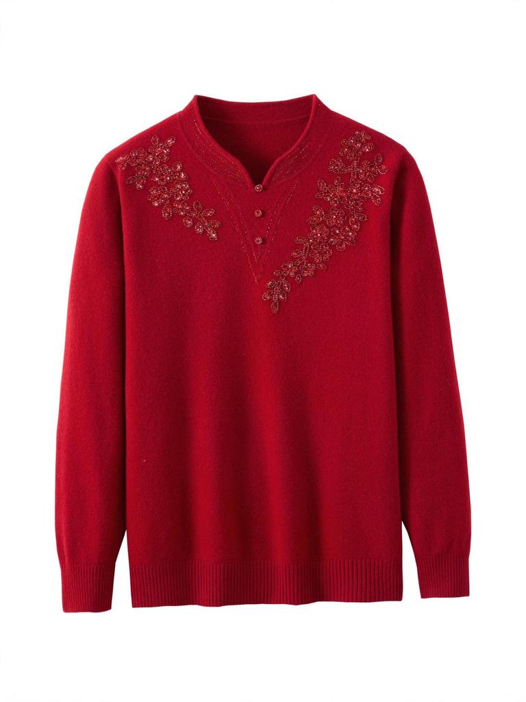 100% Pure Wool Knitted Sweater for Women with Cheongsam Collar - Autumn/Winter Style