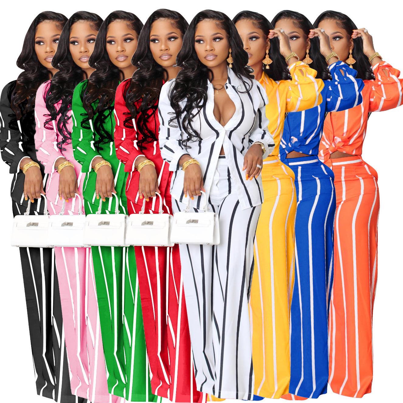 

Women s Fashion Striped Print Two-Piece Shirt Set with Long Sleeves S небесно-голубой