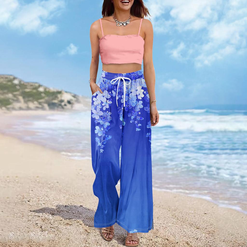 Dámské letní kalhoty Boho Palazzo s vysokým pasem a širokými nohavicemi s květinovým potiskem ležérní kalhoty s kapsami