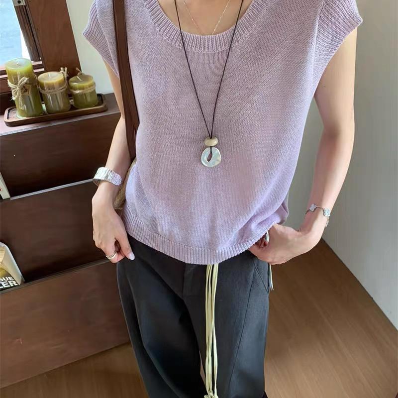 2026 Summer Orange Ice Silk Knitwear: Stylish Round Neck Short Sleeve Solid Color Top for Petite Women