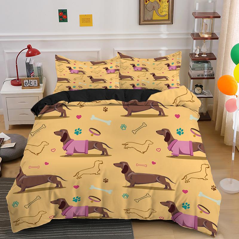 Dachshund Dog King Queen Duvet Cover Cartoon Pet Puppy Bedding Set Sausage Dog Quilt Cover Cute Animal Polyester Comforter Cover