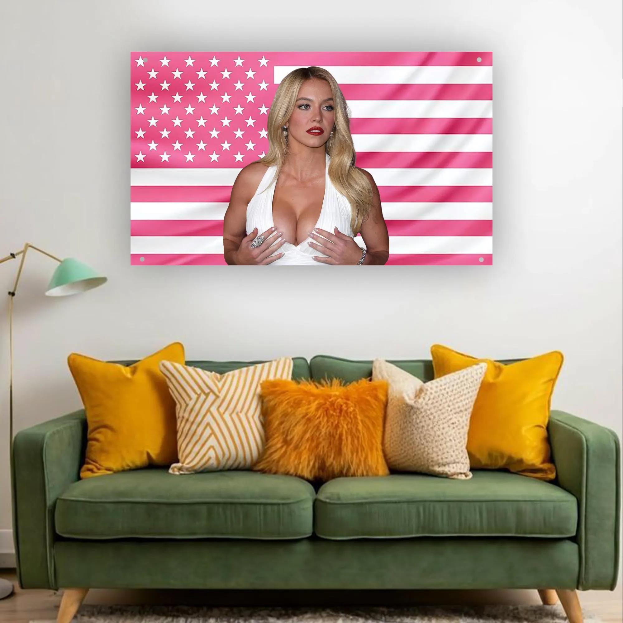 

Hot Sydney Sweeney Pink USA Flag Tapestry Sexy Aesthetic American Girl Bold Pink Room Decor 74x94cm(29x37in)