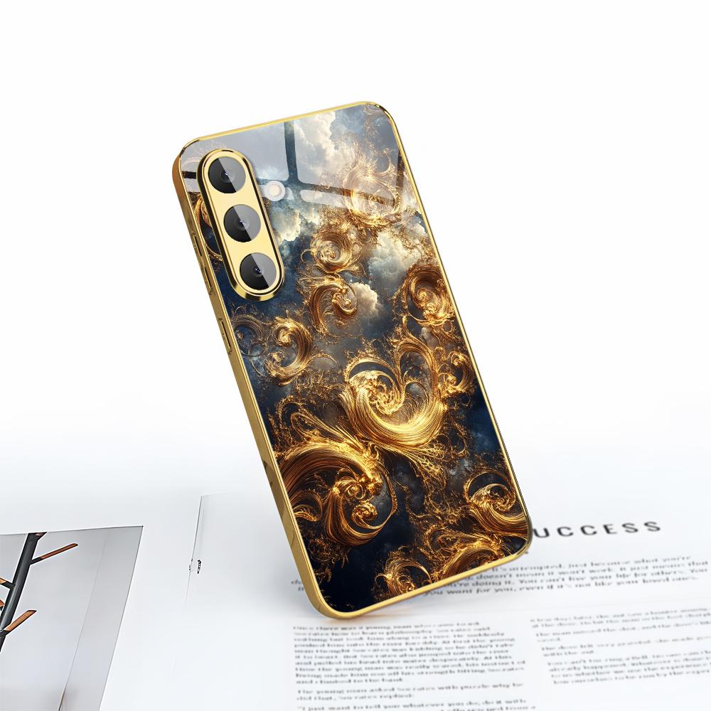 Gold-plated tempered glass phone case, compatible Galaxy S26, S25, S24, S23, and S22 Ultra Plus. Features a gold textured design