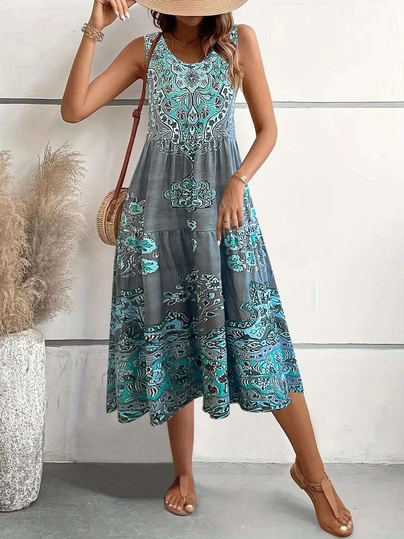 2026 Amazon foreign trade summer flower print dress women s temperament elegant U-neck sleeveless dress S