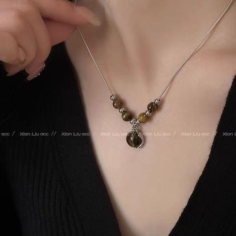 

Leather Tiger s Eye Stone Necklace Women s Retro Temperament Sweater Chain Light Luxury Niche Stacked Wear Chinese Clavicle Chain Sweater Accessories