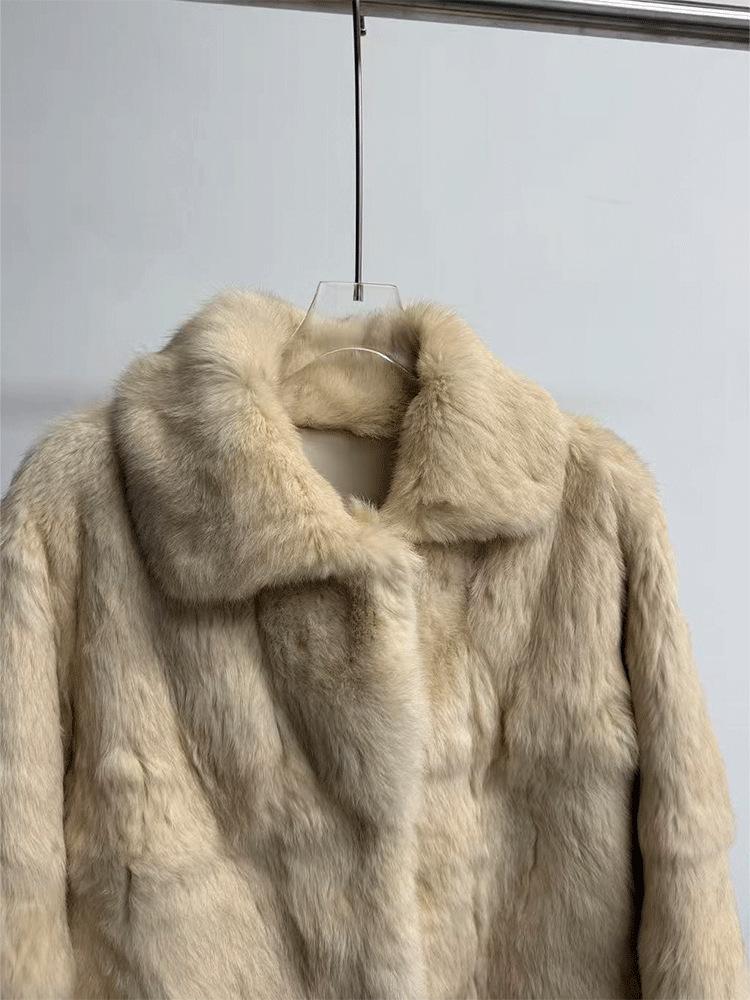 Women's Fashionable Two-Tone Real Rabbit Fur Collar Coat - 2025 Casual Short Style