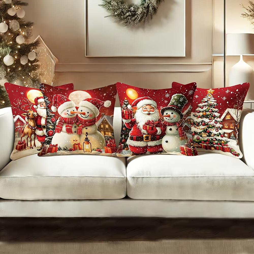 Christmas Santa and Snowman Pillow Covers Christmas Decorative Home Double-sided Print Square Pillow Living Room Pillowcase Gift