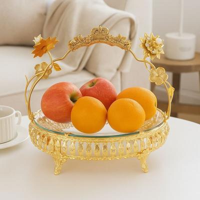 Portable Handle Metal Fruit Plate Golden Glass European Style Retro Storage Basket Light Luxury Pastry Tray Banquet Desktop