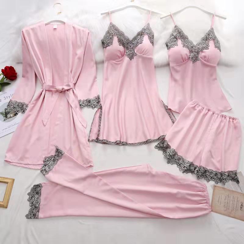 Women's Loungewear European and American Pajamas Simulation Silk Pajamas Sex Underwear Suspender Sexy Five-piece Set