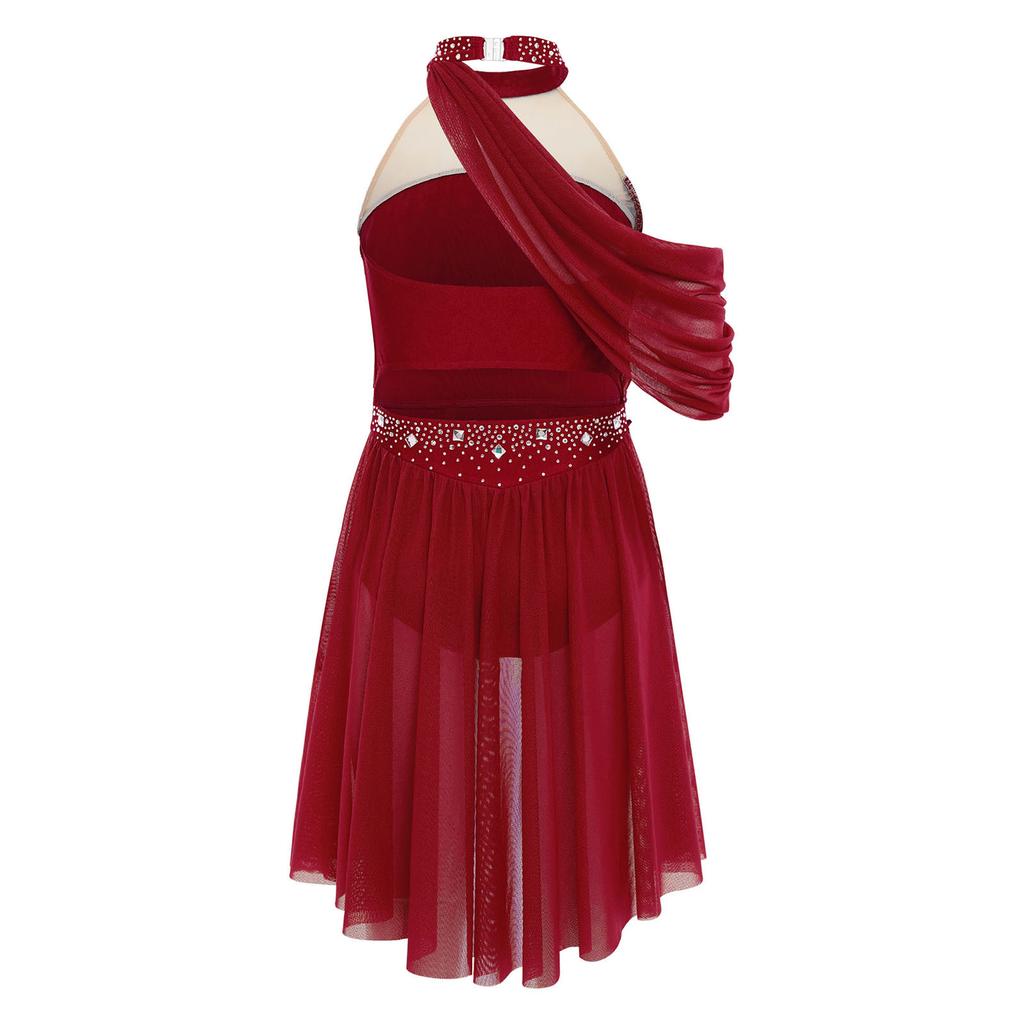 Girls Performance Dress Lyrical Costume Halter Backless Cutout Back Rhinestone Detail Ruched Mesh Draped Skirt