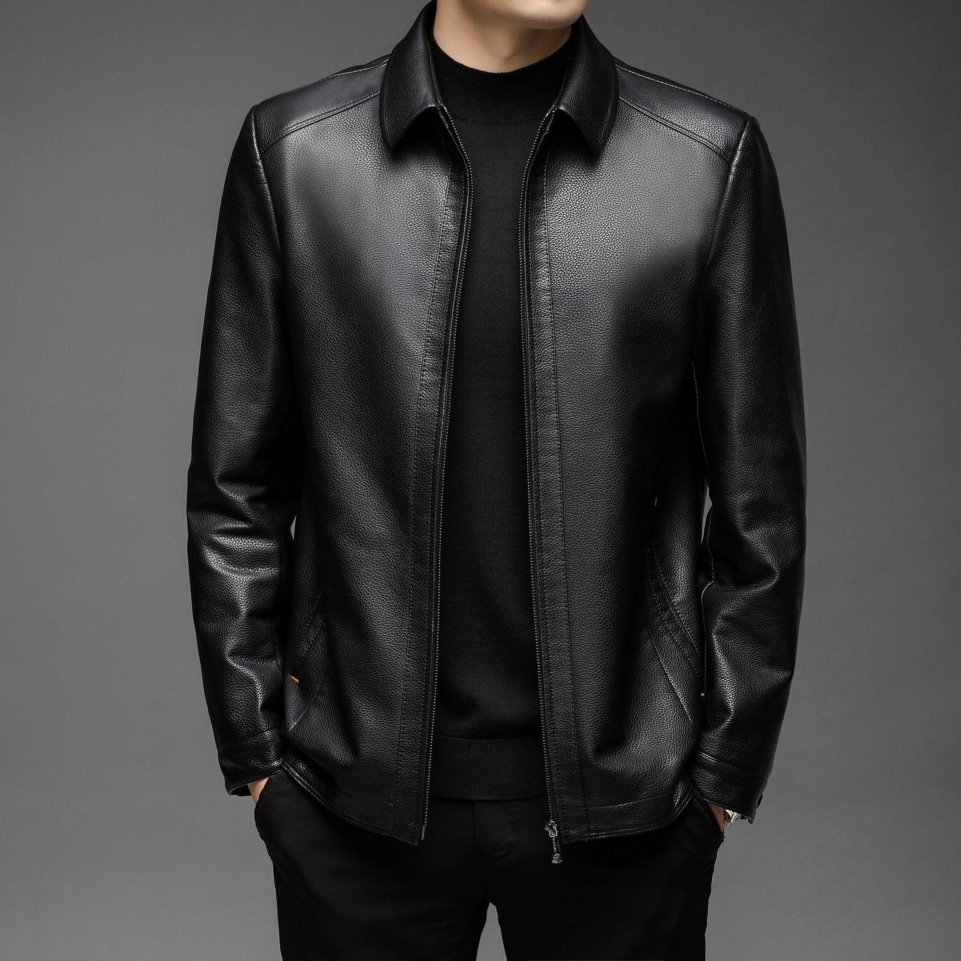 

Leather Jacket Men s Autumn and Winter Men s Lapel-neck Soft Leather Jacket Middle-aged Men s Business Casual Fleece Leather Jacket 195