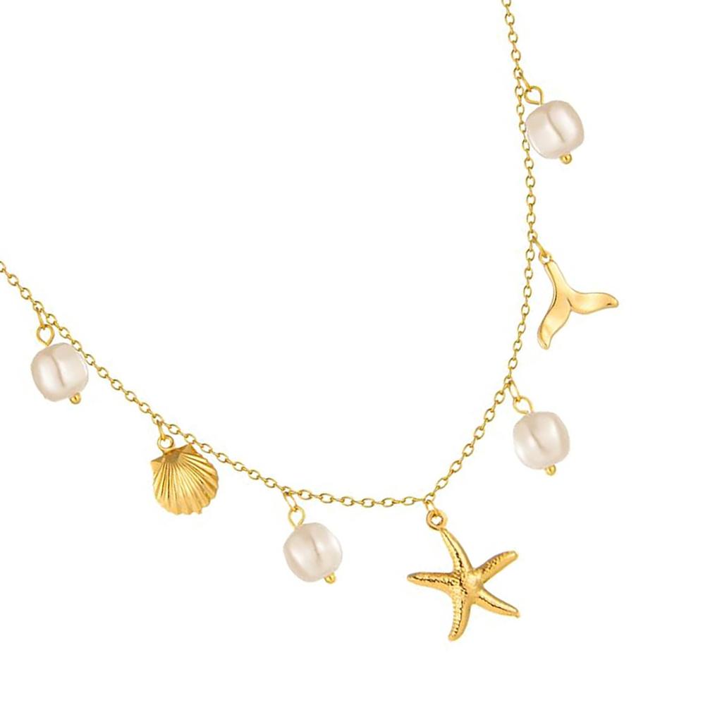 Oceanics Inspired Necklace With Pearls Shell Starfish Pendant Stainless Steel Jewelry for Women