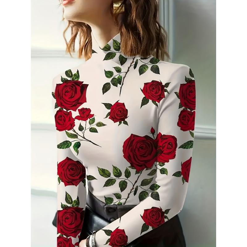 Women's Elegant Long Sleeve High Neck Red Rose Print Top, Slim Fit H Shape Machine Washable, Spring/Autumn Wear Top