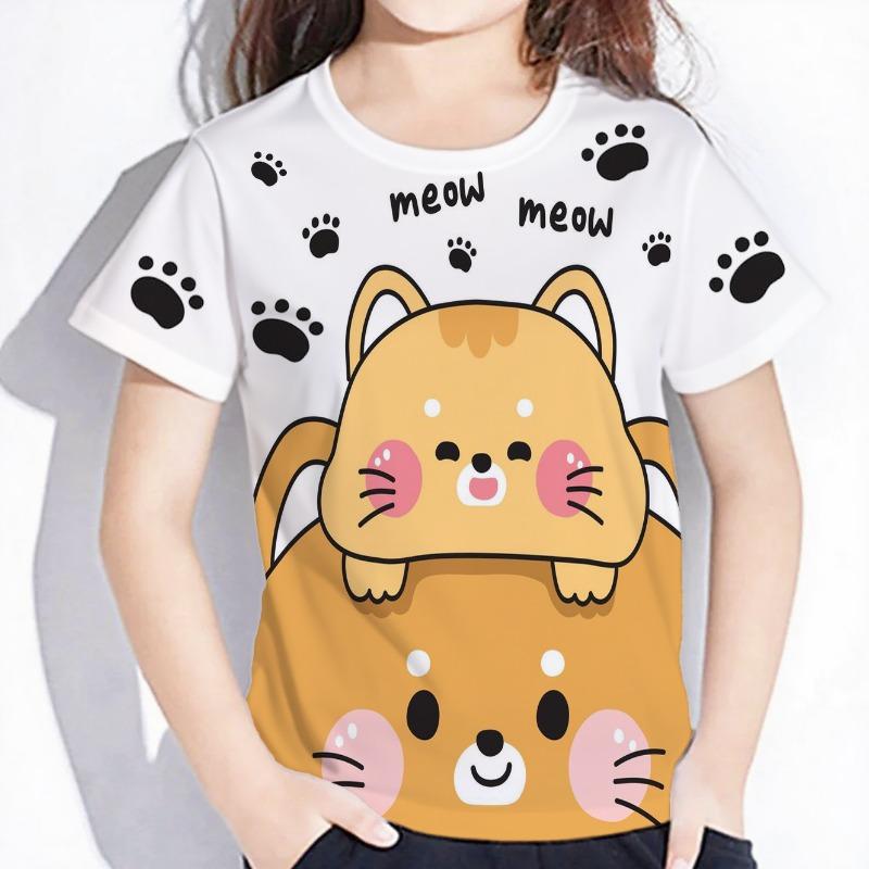 New Summer Girls' Clothing Cute Cartoon Cat Pattern T-Shirt Short Sleeve Top Casual Children's Clothing