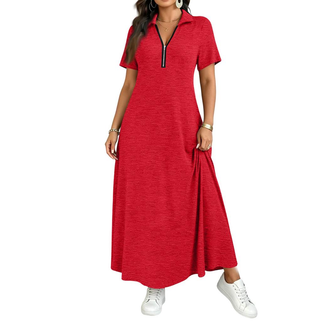 Women Short Sleeve Polo Collar Maxi Dress with Front Zipper Casual Solid Color Long Dress for Spring Summer French Style