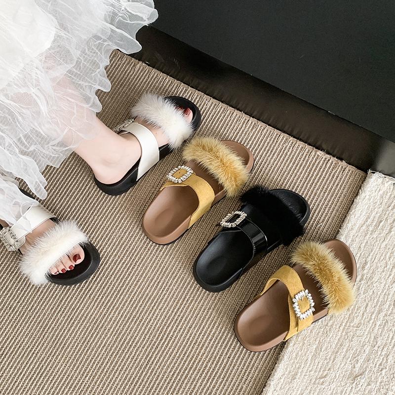 Fashion Women Summer Casual Fluffy Slippers With Fur Flat Non-Slip Fox Fur Furry Slides Large Size Shoes Fur Sandals