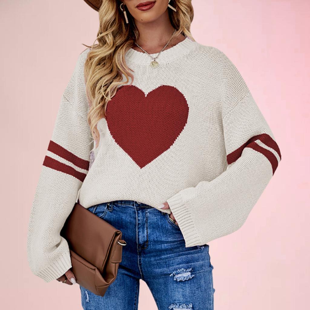 Women's Winter Versatile Long Sleeve Contrast Color Valentine's Day Love Loose Knitted Round Neck Pullover Sweater