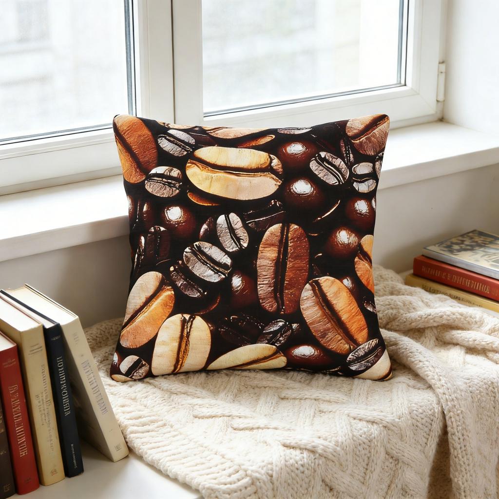 Double Sided Print Coffee Bean Home Pillow Cover Suitable For Various Rooms Decor Polyester Fabric Soft Skin Friendly