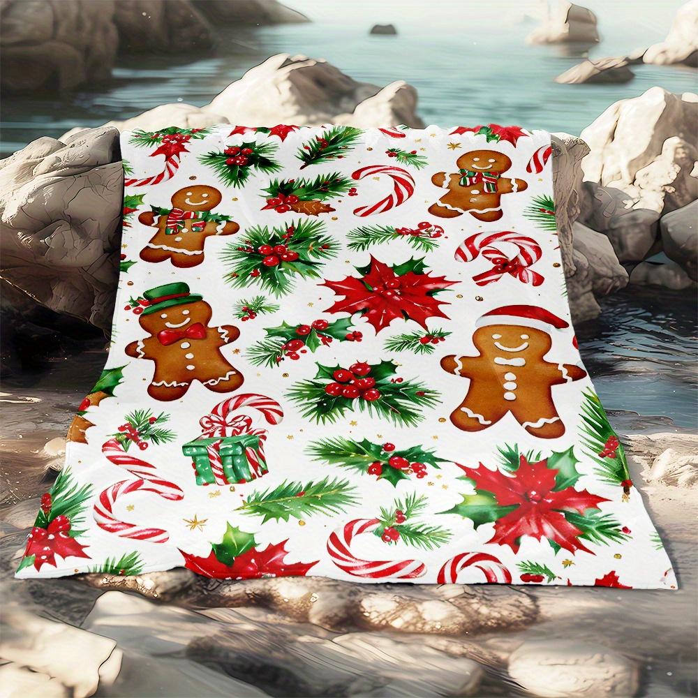 Christmas Gingerbread & Holly Pattern Fleece Throw Blanket - All-Season Chunky Knit Polyester, Machine Washable, Uncharged, Soft