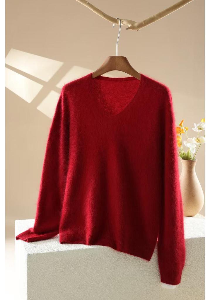 Women's V-Neck Loose Fit Brushed Cashmere Sweater - Autumn/Winter Collection, Seamless Solid Color, Soft and Skin-friendly.