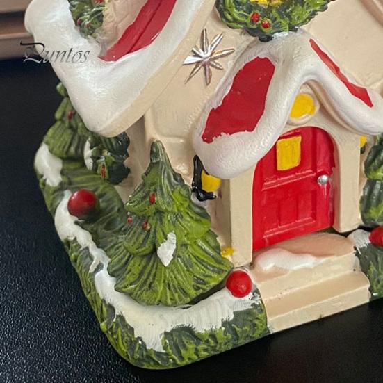 Red Door Holiday Decoration Mini Christmas House Figurine Small Resin Snowy Village Statue with Snow-covered Roof Decor Wreath And Pine Trees