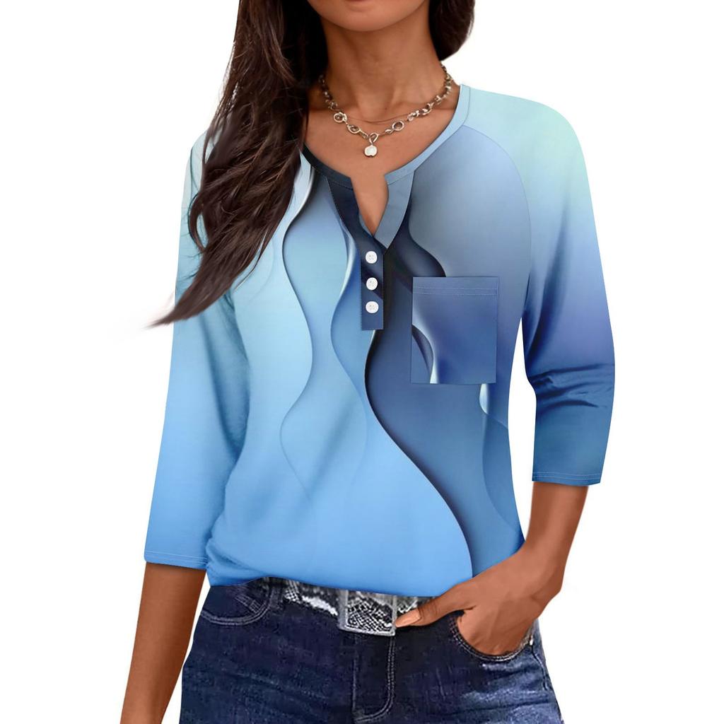 Women's Casual Fashion V-neck Loose Versatile Floral Print Three-quarter Sleeves