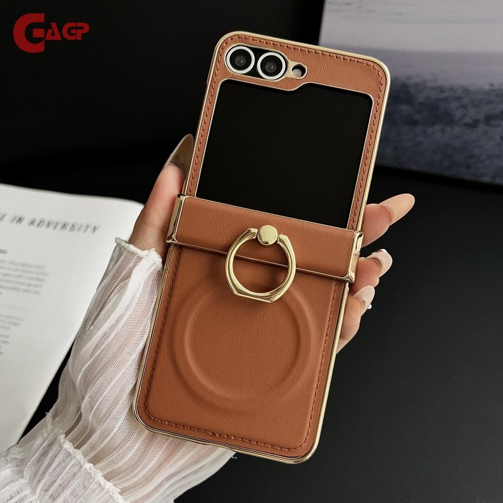Custodia Magnetica con Supporto ad Anello in Pelle di Lusso per Galaxy Z Flip7 Flip 7 6 5 4 3 Copertura Protettiva per Cerniera con Supporto per Samsung Zflip7FE