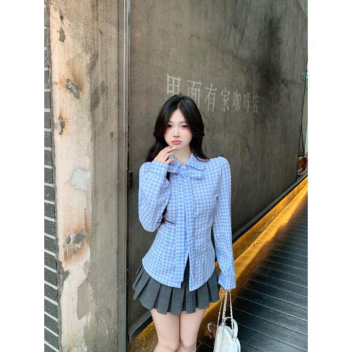 

Женская милая приталенная рубашка в синюю клетку с бантом и длинными рукавами, воротником поло L синий