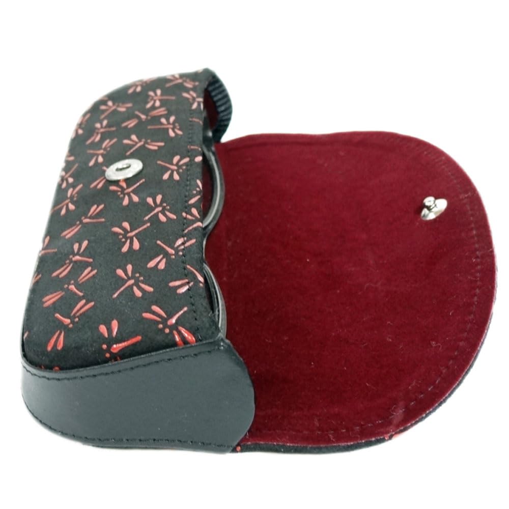 Inden H Brillenetui aus schwarzem Hirschleder mit roter Libelle x x Hartes Etui Inden-ya, Klein, 4210, Lack, Muster, 5,3cm 15,7cm 3cm, Schlank,