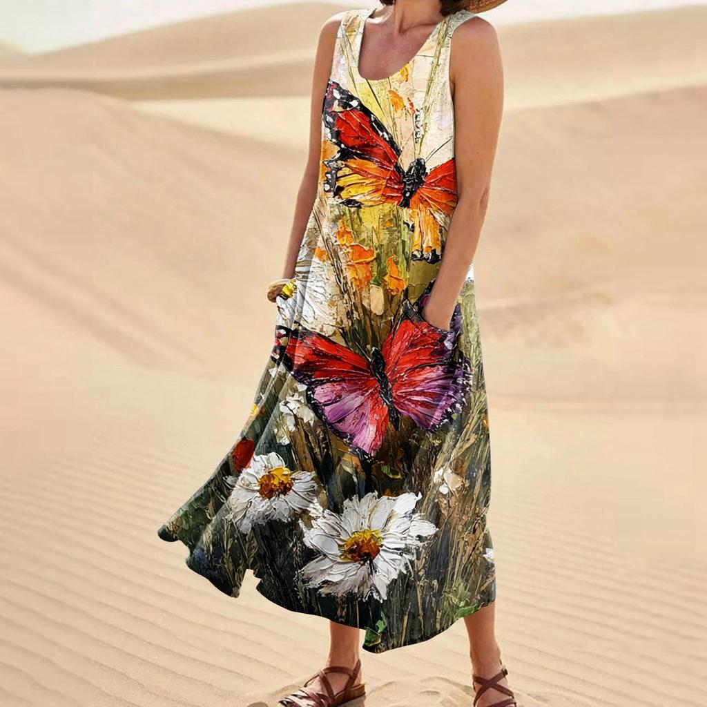 Women's Casual Fashion Flower Printed Sleeveless Pocket Dress