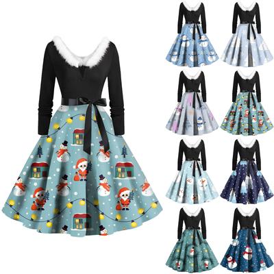 Vestido feminino vintage de manga comprida estampa de natal anos 1950 dona de casa festa à noite baile