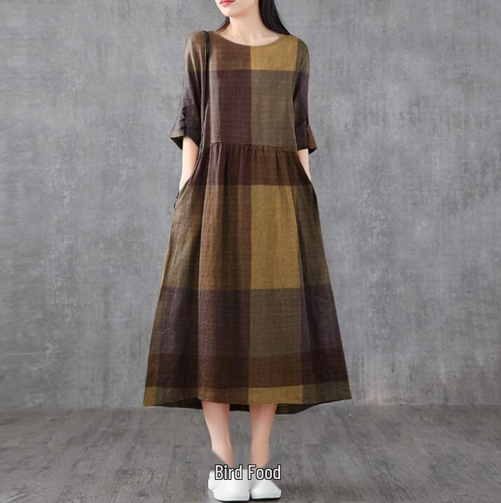 New Arrival: Cotton Plaid Mid-Length Loose Casual Dress