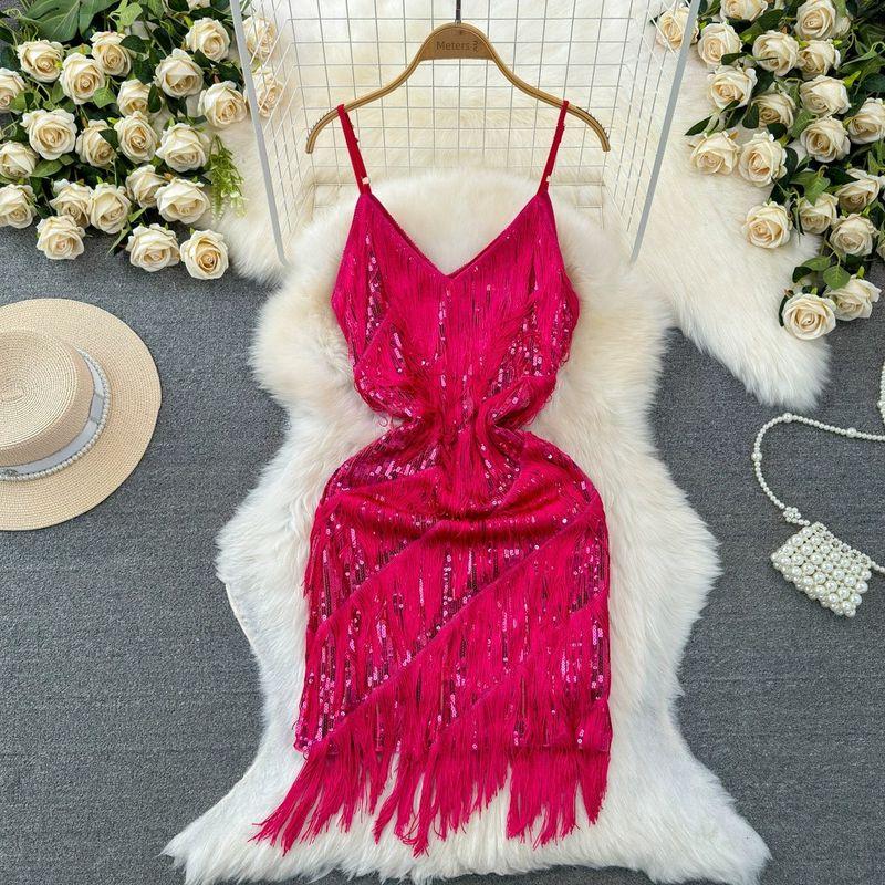 

Fashion Costume Sequin Sling Tassel Latin Dance Skirt Rose Red All yards