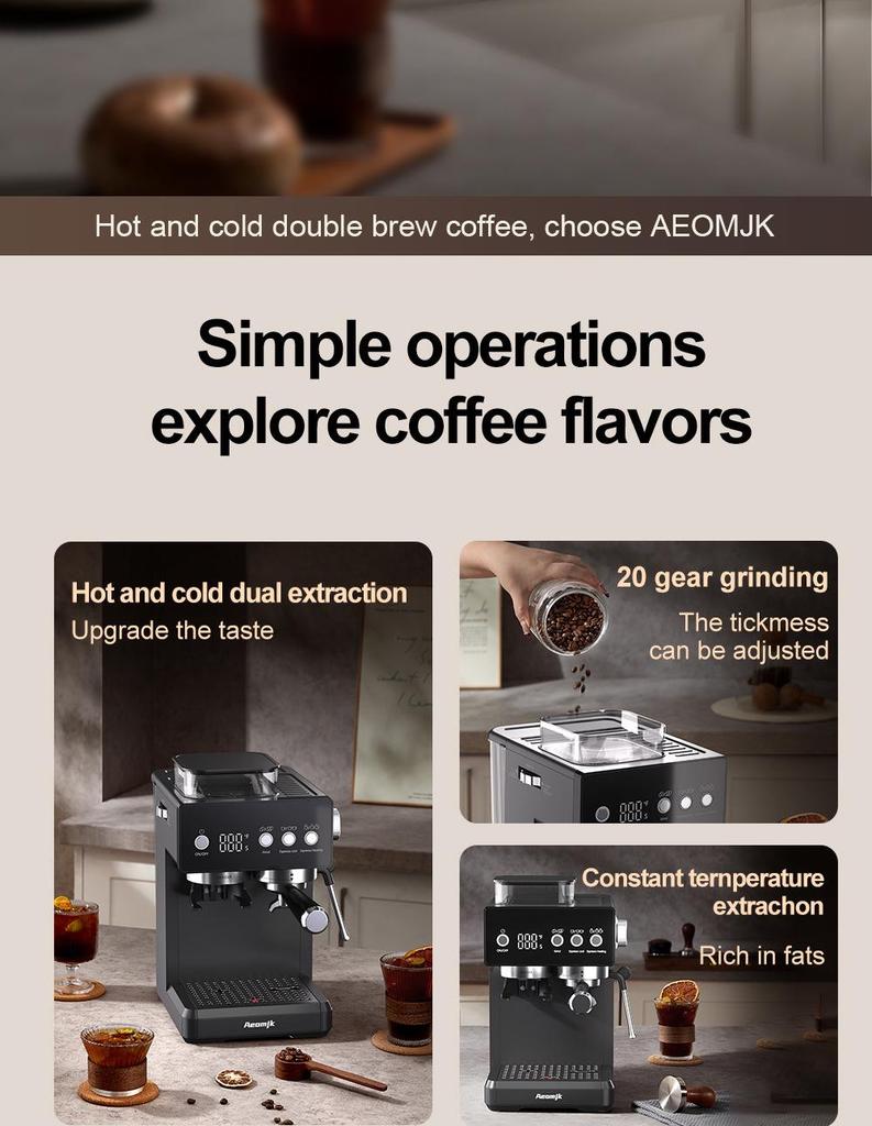 Aeomjk CM5540 Semi-Automatic Italian Coffee Machine with Room Temp Cold Brew & Milk Frothing