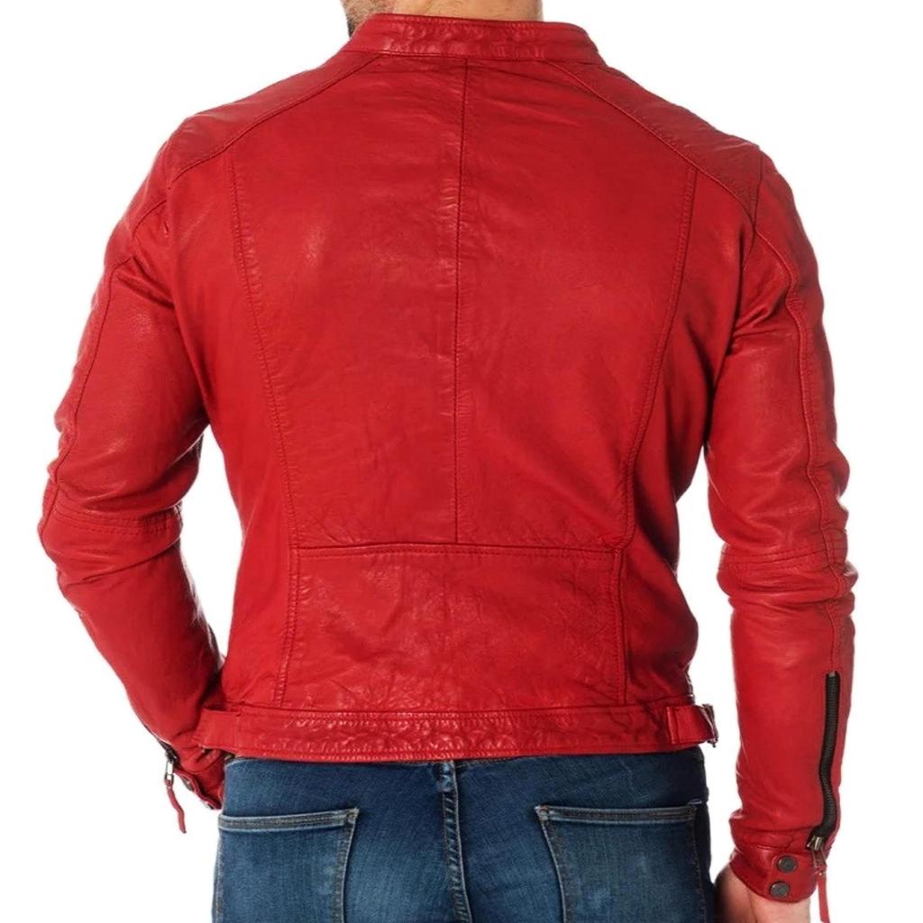 Noora Men's Lambskin Red Leather Jacket | Stylish  Biker Warm Winter Leather Jacket | Gift for Father