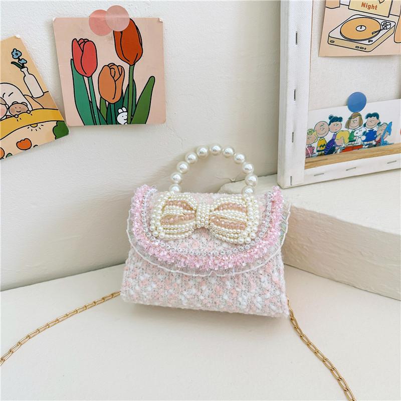 Colorful Sequin Kids Bag With Bowknot Stylish Pearl Handle Mini Crossbody Bag