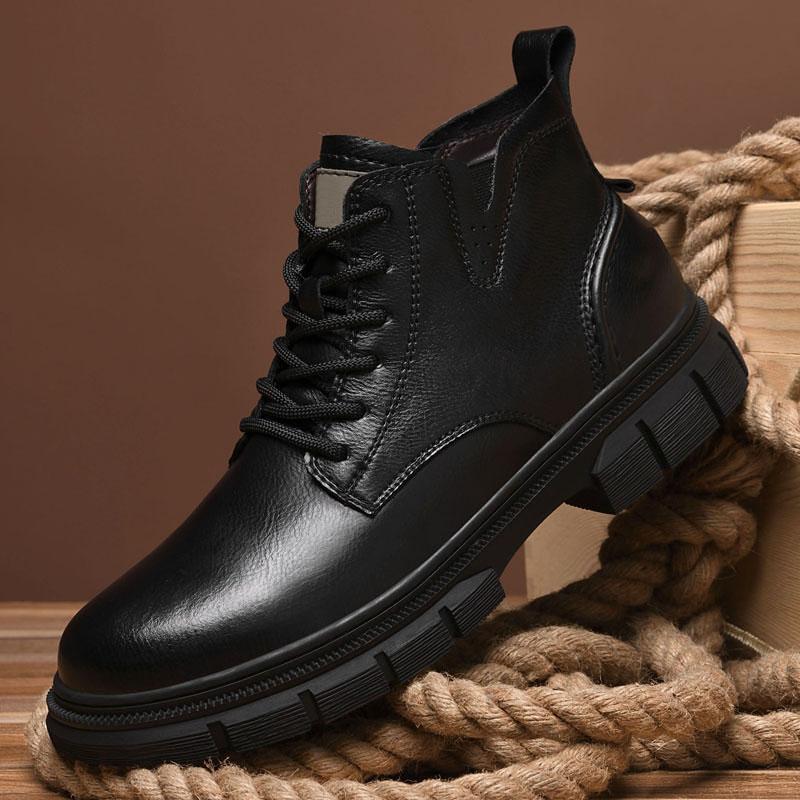 Men Lace Up High Top Boots Autumn and Winter Velvet Warm Boots Fashionable Thick Sole Mid Top Boot Outdoor British Fashion Boots