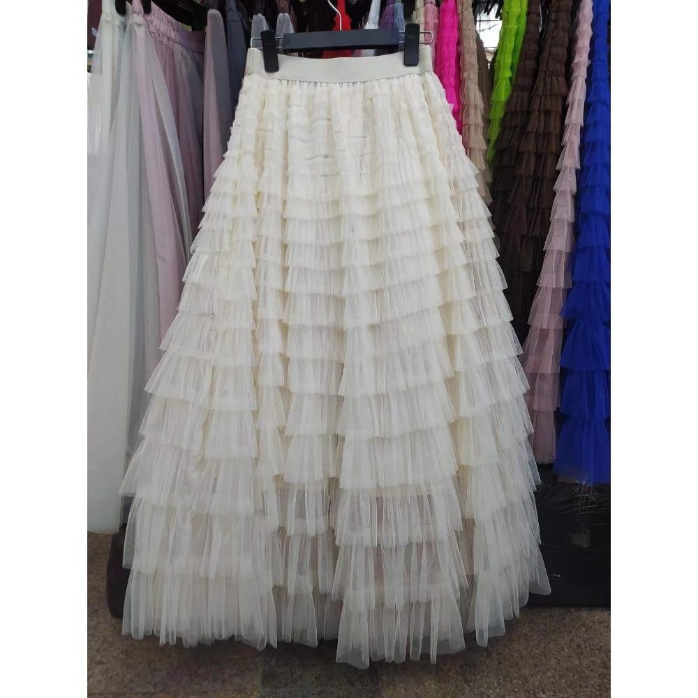 Women's Elastic Waist A‑Line Maxi Tulle Skirt Fresh Sweet Tiered Cake Long Skirt