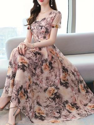 Floral Print Crew Neck Dress, Elegant Short Sleeve Dress for Spring & Summer, Women's Clothing