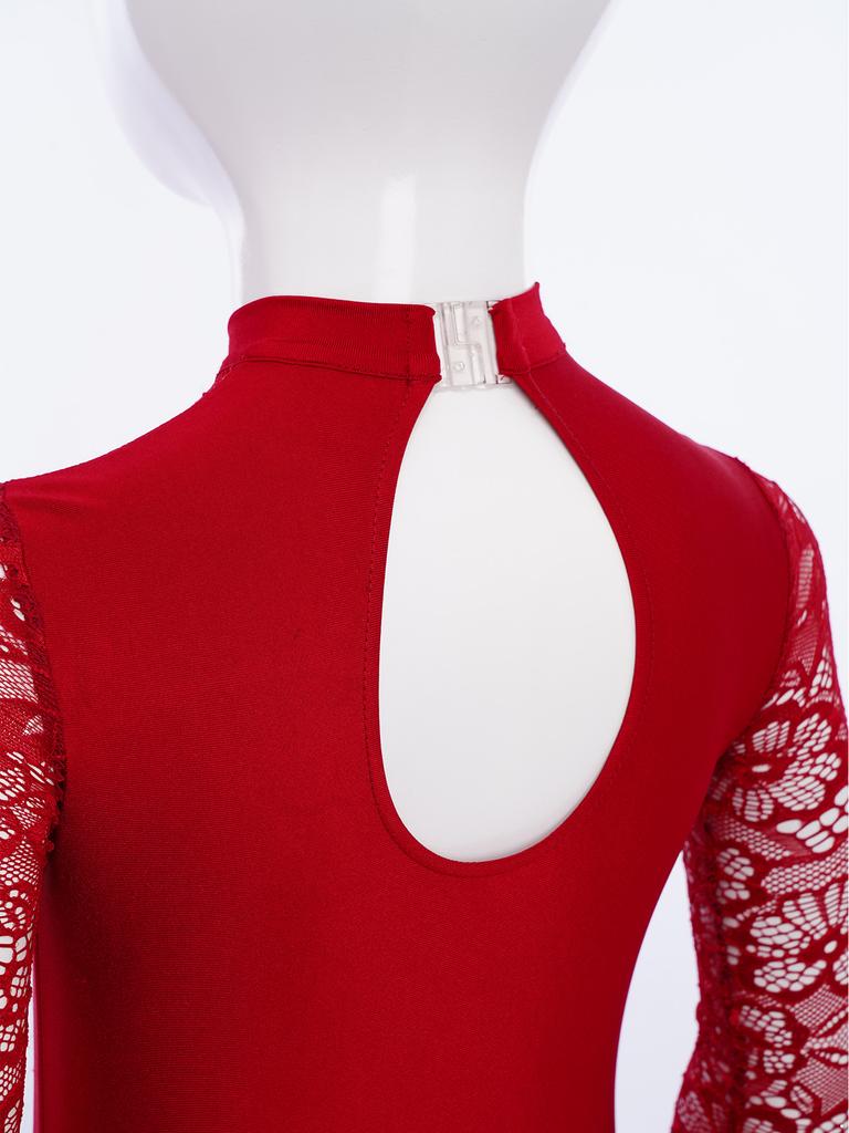 Kids Lace Patchwork Keyhole Back Long Sleeve Leotard Gymnastics Dance Bodysuit for Performance Competition Wear