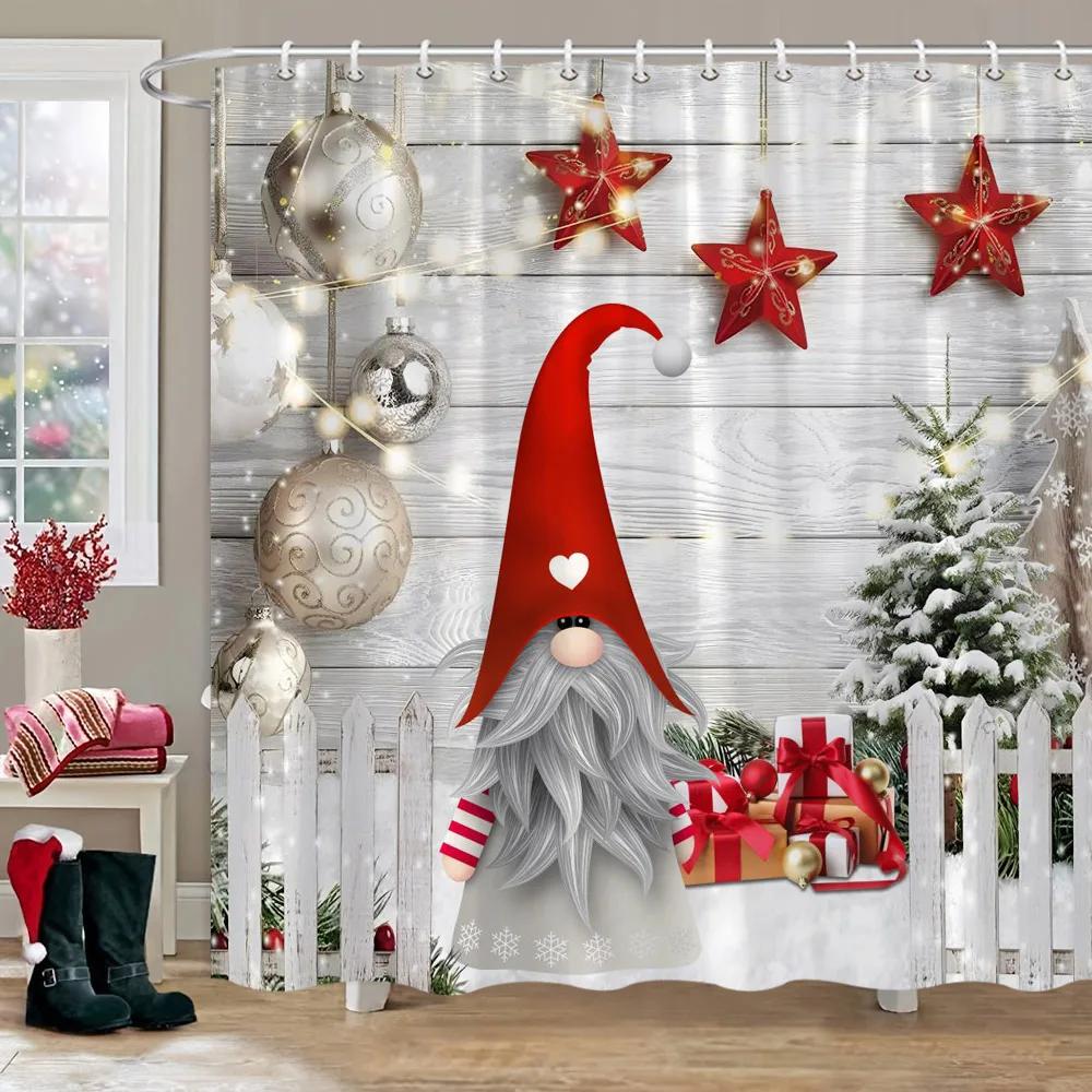 Christmas Snowman Shower Curtain Merry Santa Elf Deer Red Truck Polyester Fabric Printed Bath Curtains Bathroom Decor With Hooks