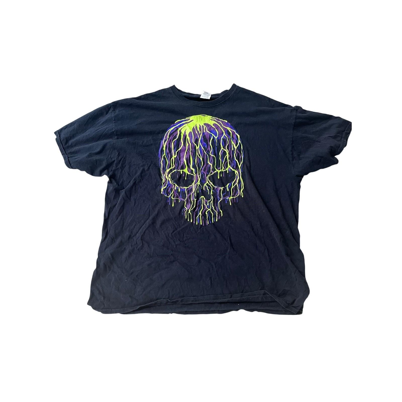 Vintage Skull T Shirt Goth Metal Skeleton Black Green Purple Neon size 2XL S