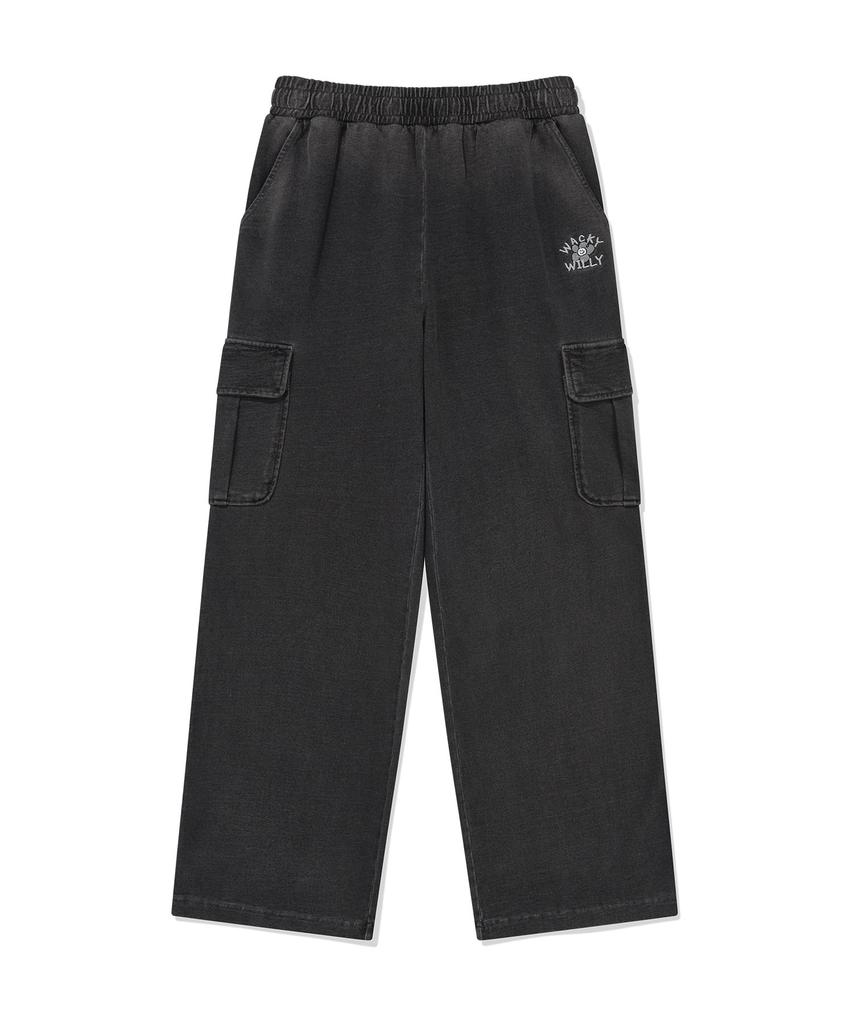 WACKY WILLY Women'S Washed Denim Semi-Wide Cargo Pants Dark Gray
