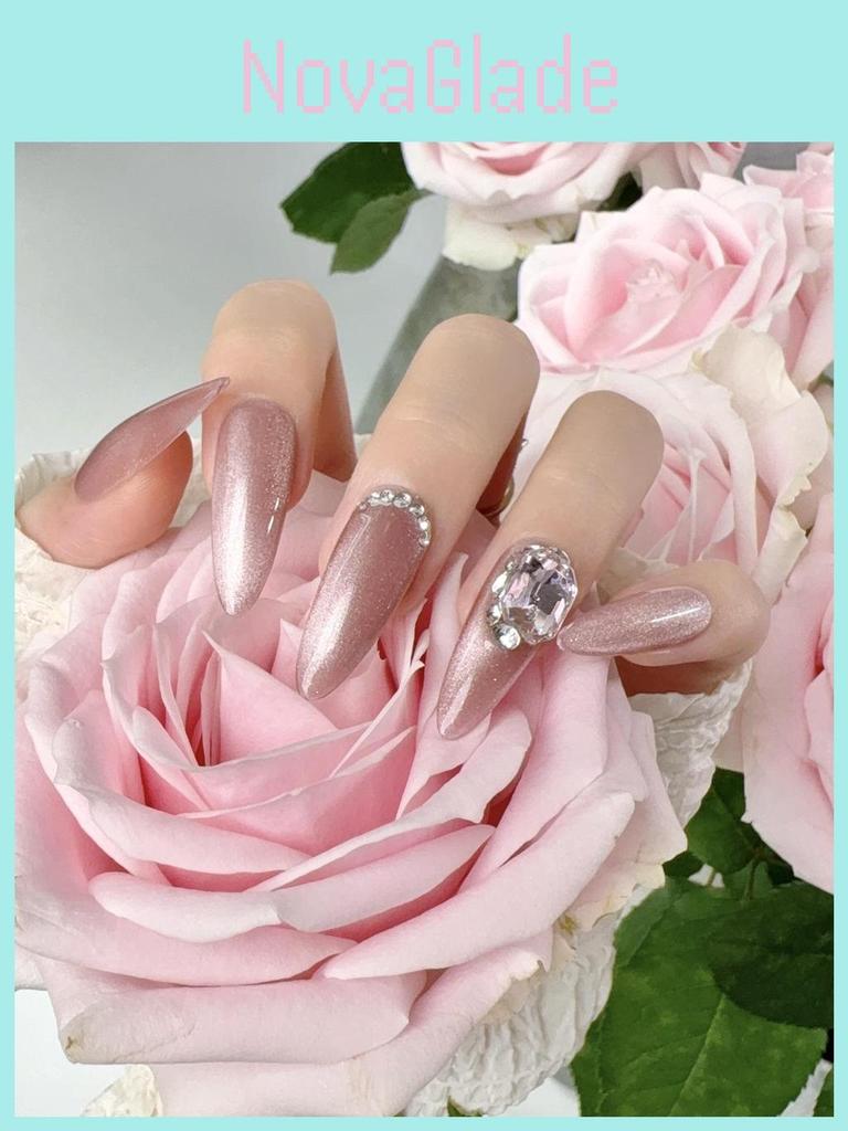 Original Photographyhandmade Nail Patch For Therapy New Trendy Luxury Long Cat Eye Nail With Sparkling Gems S44 Almond Love Girl)