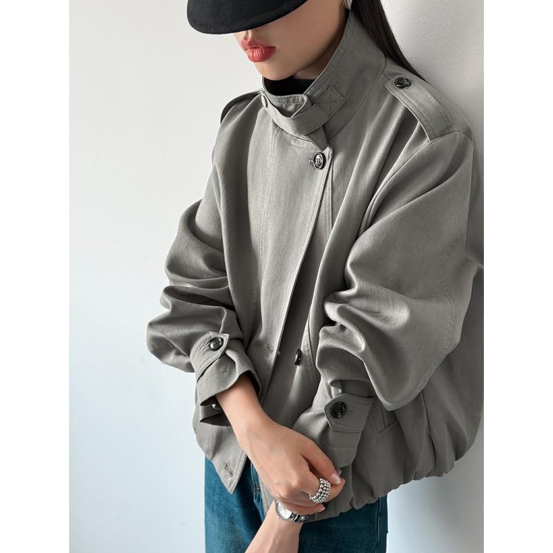 Womens Korean Style Stand Collar Loose Trench Coat Lightweight Casual Outerwear In Beige Gray Taupe